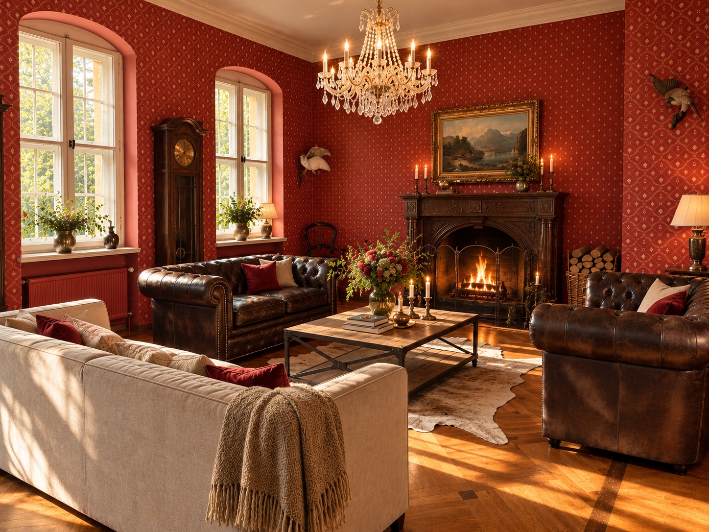 Der Rote Salon mit Kamin, Kristalllüster und Chesterfield-Sofa
